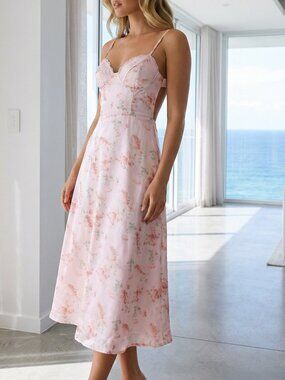 NWT LULU'S satin floral midi dress corset look open back with elastic bar L